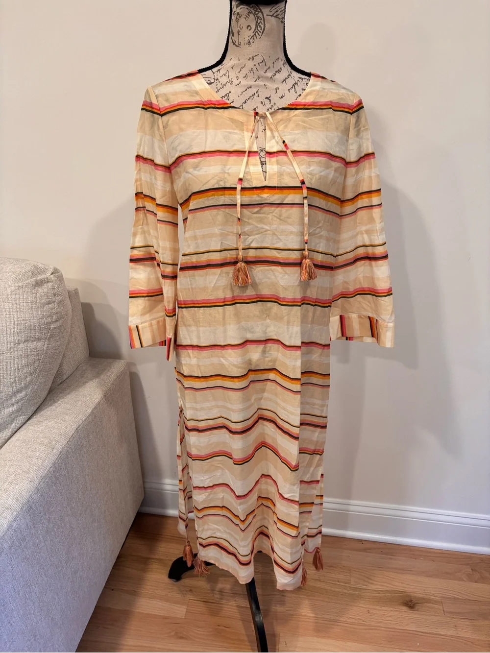 Tory Burch Canyon Stripe Silk Blend Midi Caftan Dress size small